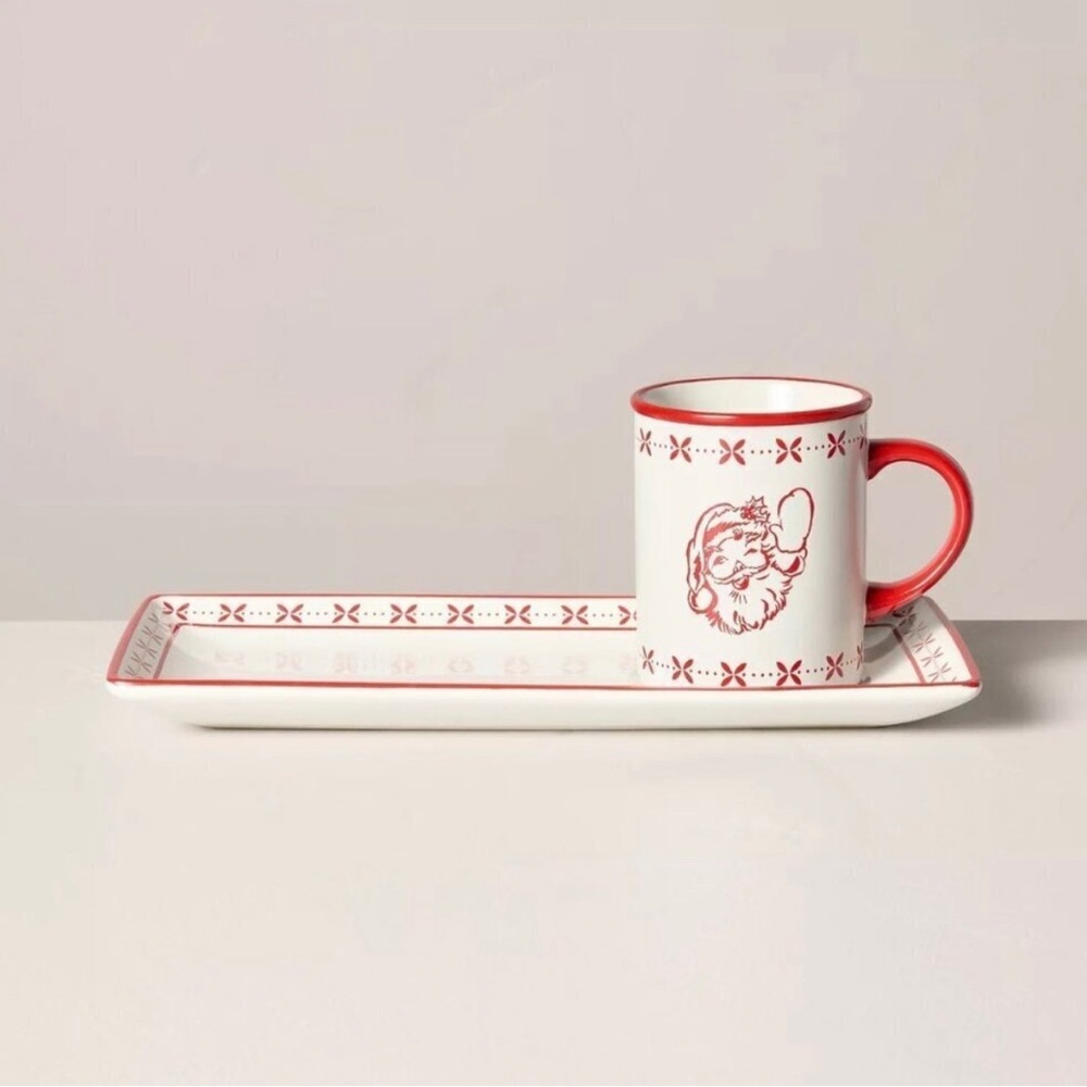 Hearth & Hand Waving Santa Stoneware Milk and Cookies Set Cream/Red
